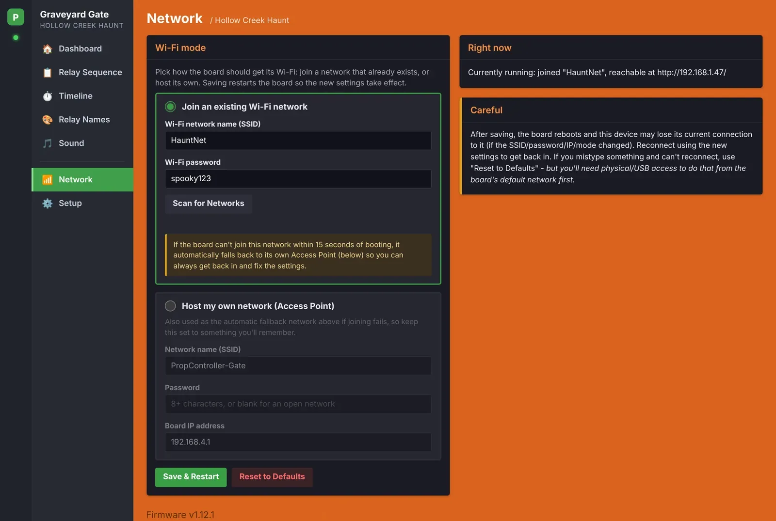 Network page to join WiFi or host a network