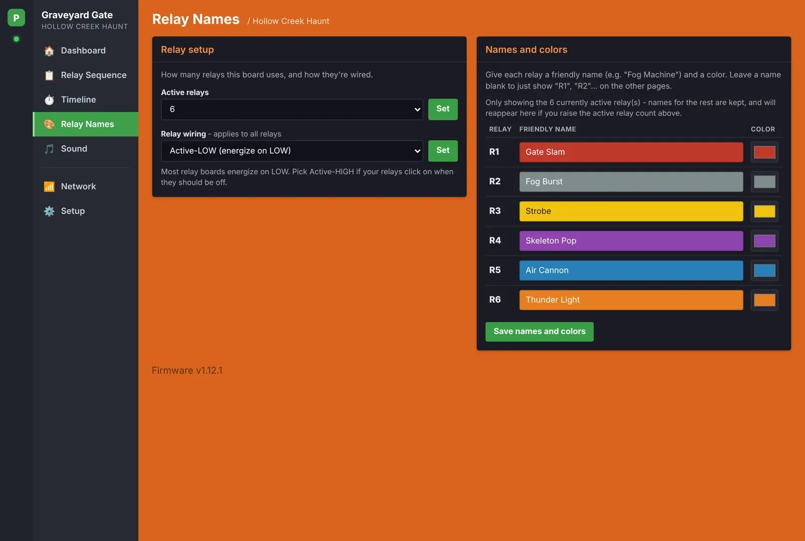 Relay Names page with names and colors
