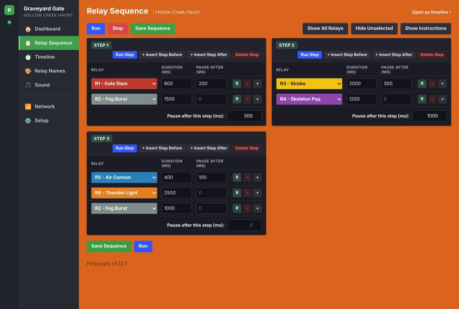 Relay Sequence page with three steps