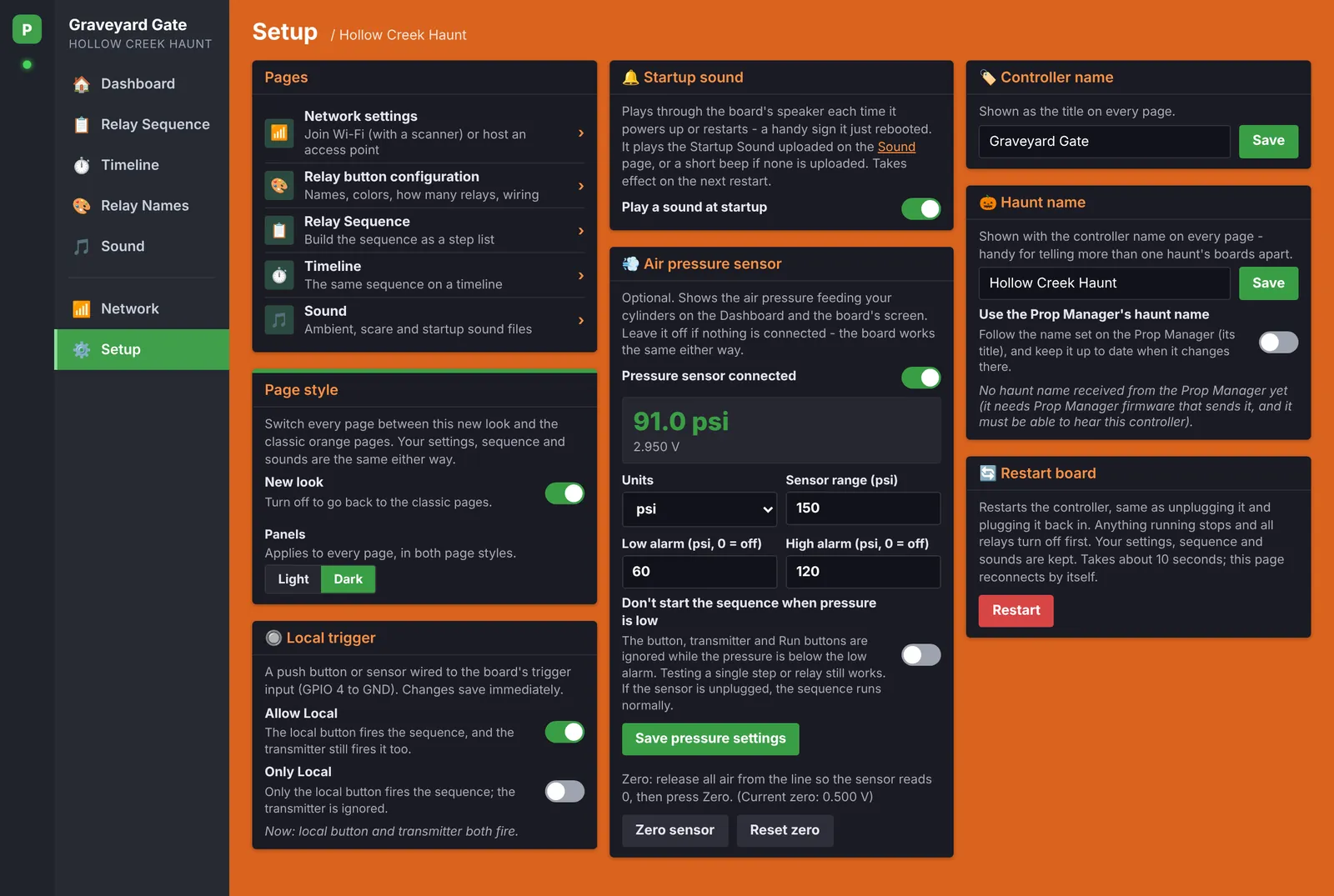 Setup page with triggering, page style and air pressure options