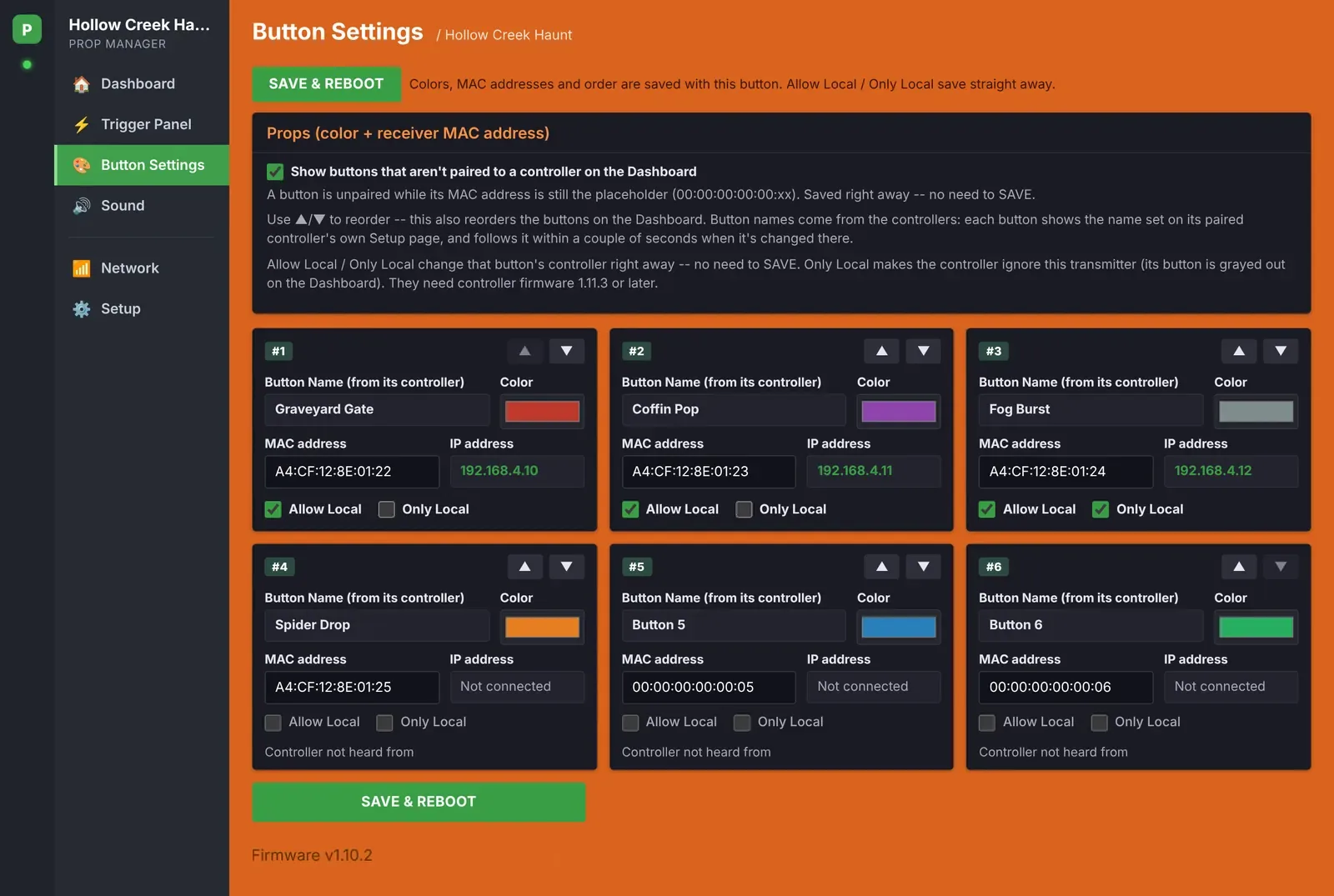 Button Settings page for each prop
