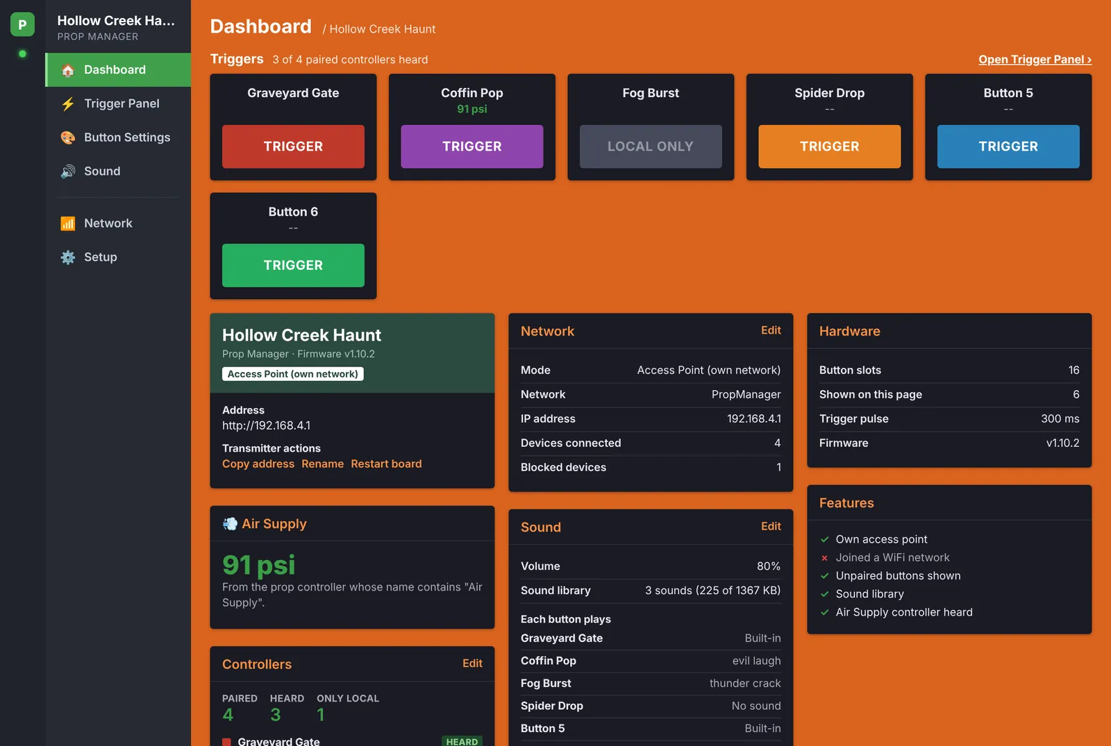 Prop Manager Dashboard with trigger buttons