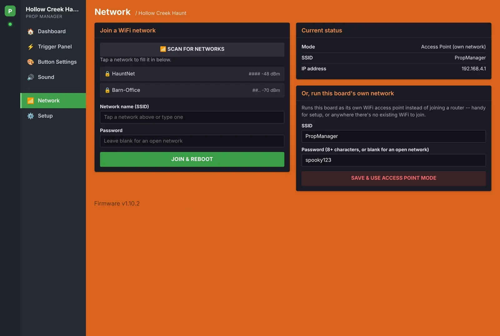 Network page for the Prop Manager