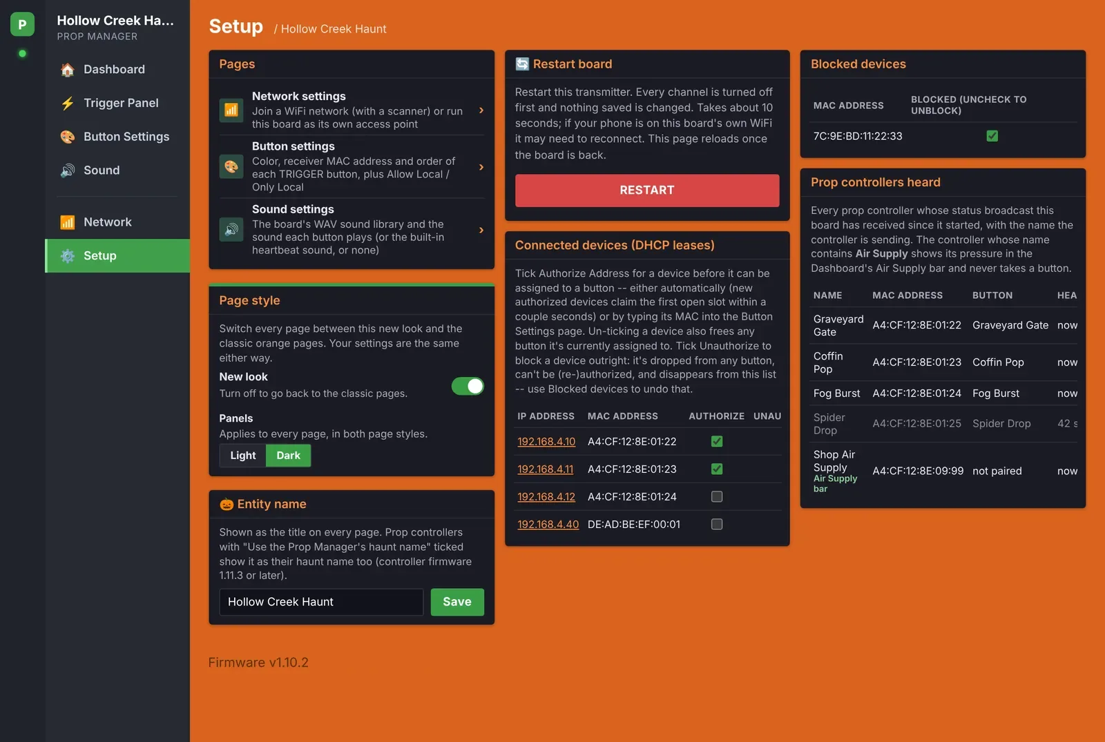 Setup page with connected devices and controllers heard